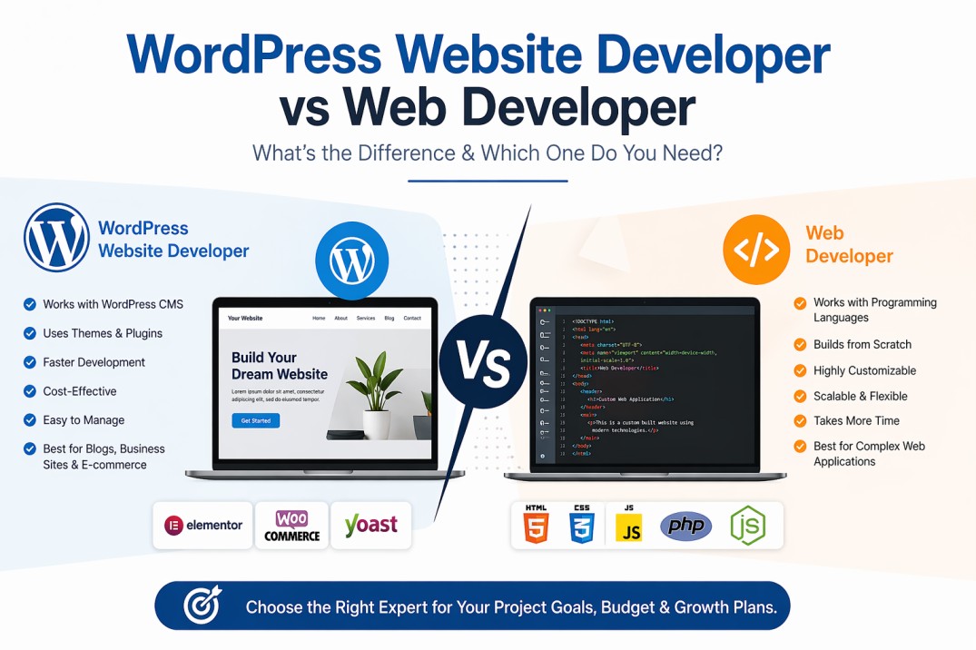 WordPress website developer vs web developer comparison showing differences in cost, development process, customization, and best use cases for businesses